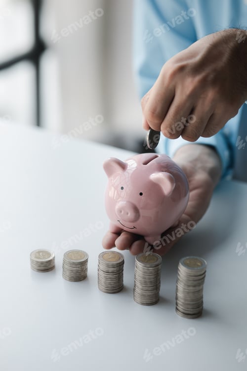 Preview: Person with pile of coins and piggy bank, money saving concept for future use and financial stabilit