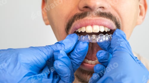 Preview: Orthodontist doctor putting silicone invisible transparent braces on man's teeth