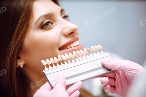 Preview: Beautiful woman smile with healthy teeth whitening. Matching shades of the implants. Healthy Smile.