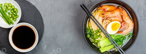 Preview: Asian noodle soup, ramen with prawn shrimp, vegetables and egg in black bowl on gray concrete