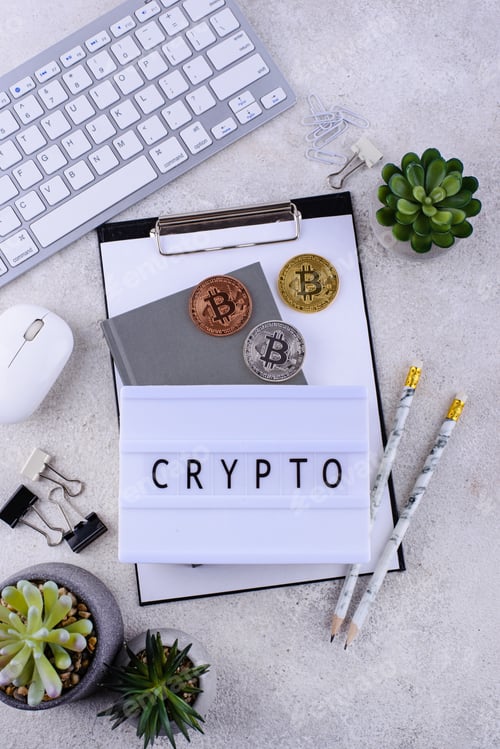 Preview: Bitcoin coins on office desk. Cryptocurrency concept