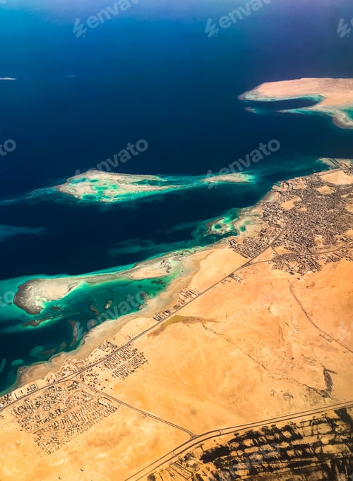 Preview: Aerial top view from airplane coastline Egyptian Desert islands. Red sea