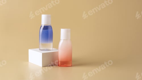 Preview: close up view of face wash in bottles on white cube on beige backdrop