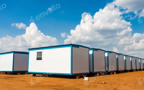 Preview: Rows of white plastic house boxes under a bright cloudy sky