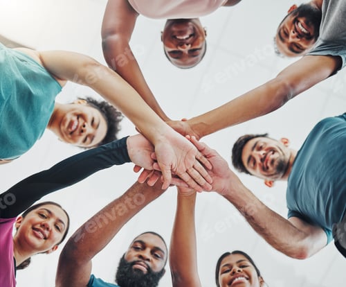 Preview: Fitness group, hands in and people portrait from above together showing teamwork and happiness. Mot