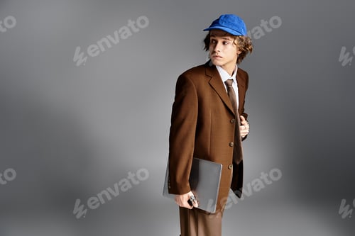 Preview: A stylish young man in a brown suit and cap poses confidently in a contemporary studio