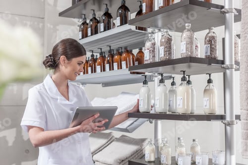 Preview: Shop assistant in wellness shop checking the stock