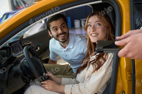 Preview: Delighted car buyers communicating with sales consultant