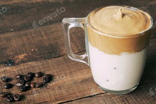 Preview: Closeup shot of iced Dalgona Coffee, fluffy creamy whipped coffee.