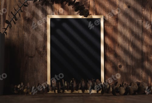 Preview: blank blackboard frame with kitchenware on wood table with sunlight