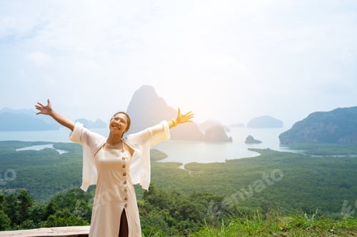 Preview: beautiful Refreshed woman in the Park Graden. Happy woman at Samet Nangshe Viewpoint park