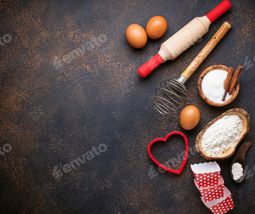 Preview: Ingredients for baking on rusty background