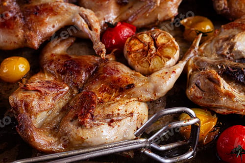Preview: grilled quail meat, on a platter, tobacco, in the oven, with spices, homemade, without people,