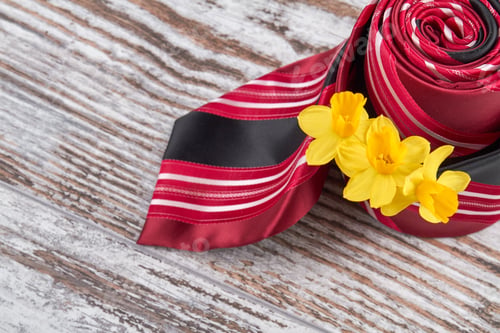 Preview: Striped red tie roll and yellow flowers.