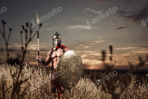 Preview: Strong Spartan warrior in battle dress with a shield and a spear