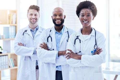 Preview: Doctors, team and arms crossed with health, diversity and cardiology, surgeon group collaboration i