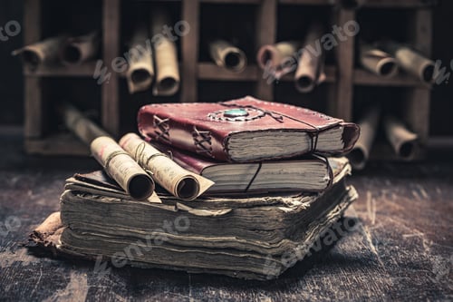 Preview: Books and antique scrolls in library as a mystical background