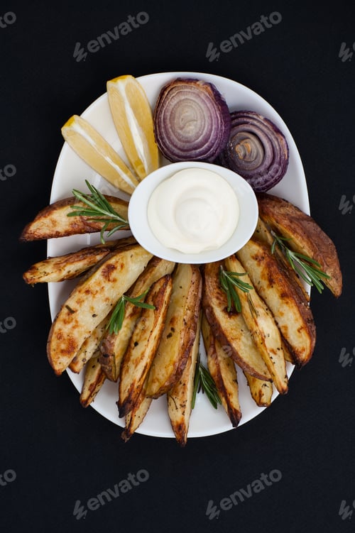 Preview: Baked potatoes and red lus with rosemary, lemon and aioli sauce
