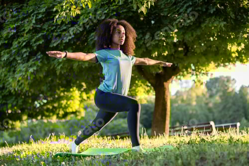 Preview: Woman practicing yoga outdoors in a peaceful park setting during a sunny day, focusing on balance