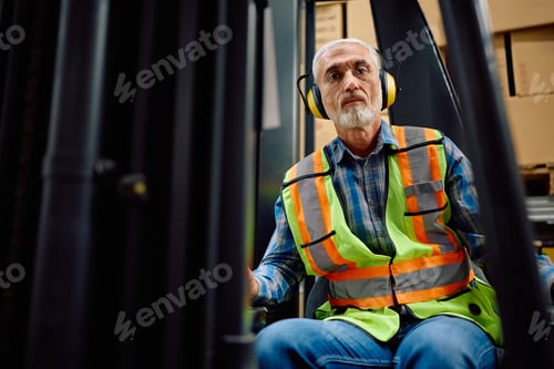 Preview: Senior male worker operating a forklift in distribution warehouse.