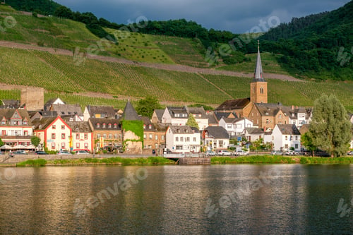Preview: Vineyards above Moselle river and under dramatic sky near Alken, Germany