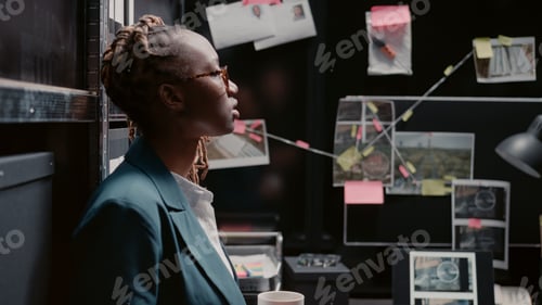 Preview: Woman detective analyzing clues and suspicious photos