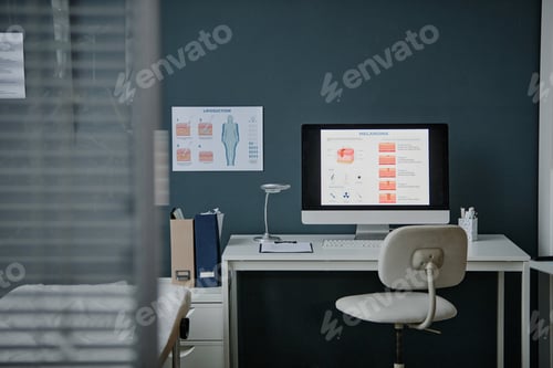 Preview: Modern Dermatology Office Displaying Melanoma Information on Computer Screen