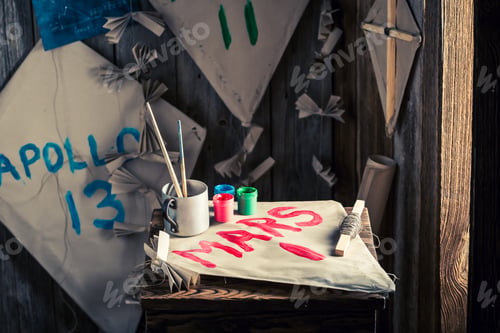 Preview: Kites with space missions names in wooden workshop