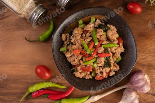 Preview: Spicy minced pork and rice on a black plate.