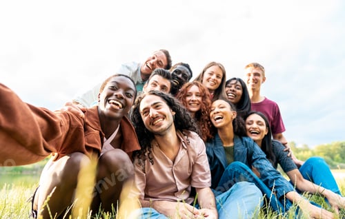 Preview: African young woman taking a selfies of his international friends during a picnic