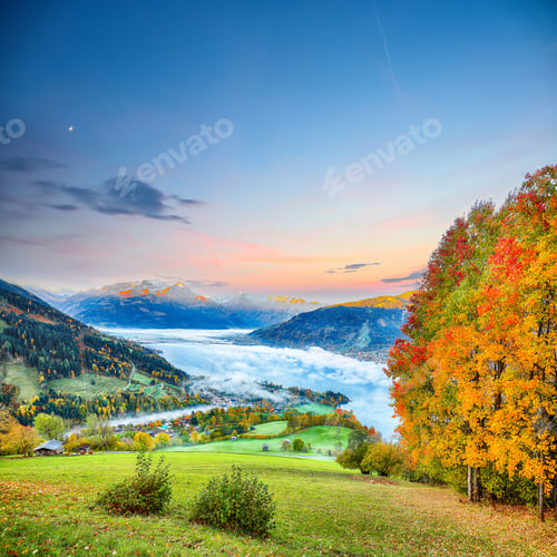 Preview: Astonishing autumn view of lake meadows trees and mountains in Sell Am See