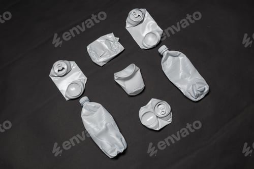 Preview: Crumpled plastic and metal cans lie on a black background. Concept of littering of the environment