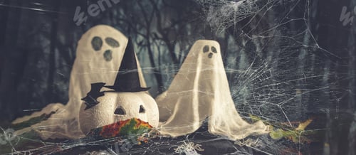Preview: Happy halloween holiday. Halloween decorations, black and white pumpkins mask coronavirus,bats