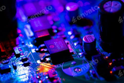 Preview: Close up of components and microchips on PC circuit board.
