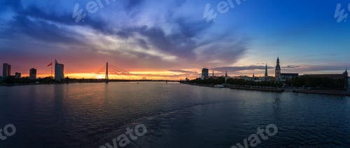 Preview: Panoramic view of Riga Skyline and Daugava River at sunset - Riga, Latvia