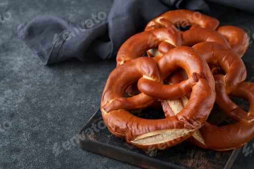 Preview: Oktoberfest concept card. Traditional Bavarian pretzels with beer bottle mug on old dark black rusti