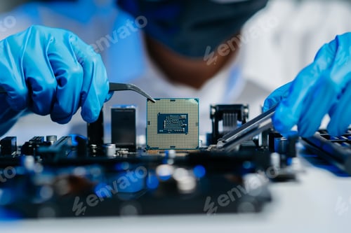 Preview: The technician is putting the CPU on the socket of the computer motherboard. electronic engineering