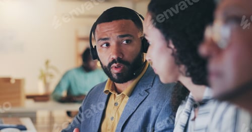 Preview: Business people, agency and call center with headphones for customer service, telemarketing or onli