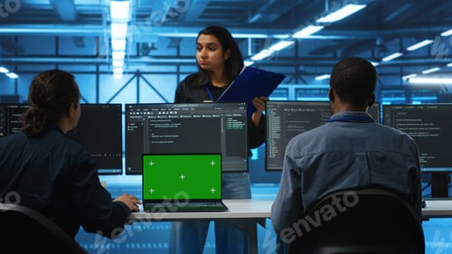 Preview: Engineers at PC desk overseeing server clusters using chroma key notebook