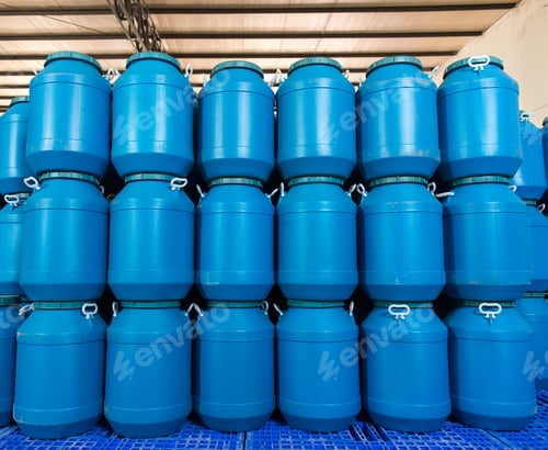 Preview: Blue Plastic Barrels Contain