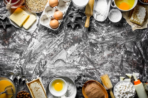 Preview: Baking background. Various products for kneading dough.