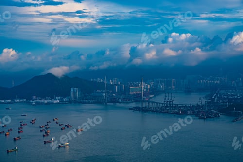 Preview: Hong Kong - April 25, 2020: Panorama of Victoria Harbor of Hong Kong city, cityscape with skyscraper
