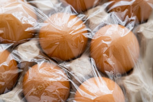 Preview: Top view of brown eggs in cardboard container with cellophane