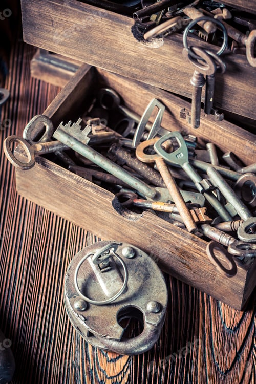 Preview: Closeup of old locksmiths workshop full of keys