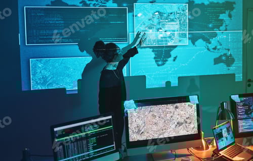 Preview: Cybersecurity, woman and global network presentation for phishing, ransomware and cyber search. Map