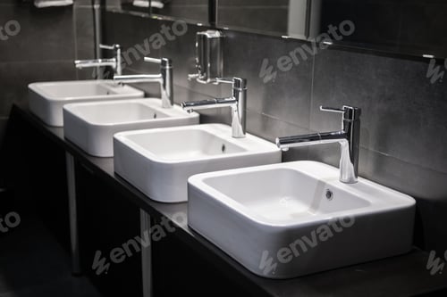 Preview: Modern sinks with mirror in public toilet