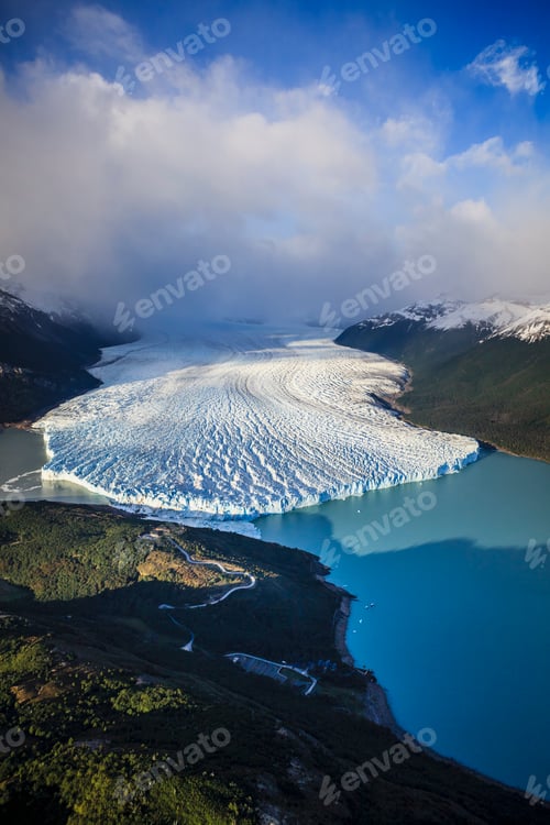 Preview: The Perito Moreno Glacier, aerial view of the glacier terminus and the waters of the ocean.