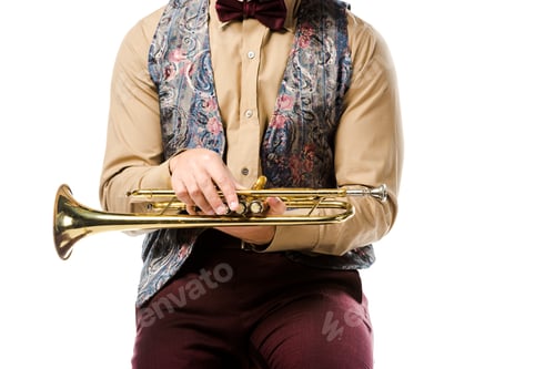 Preview: partial view of male jazzman holding trumpet and sitting on chair isolated on white
