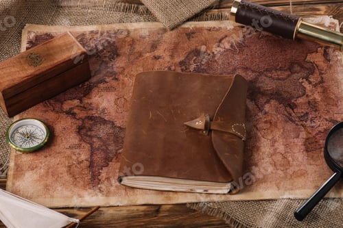 Preview: brown leather notebook on wooden table with world map and sacking