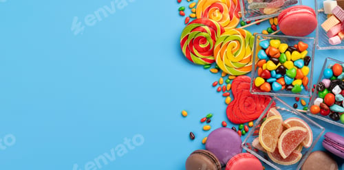 Preview: Various colorful candies, lollipops, and macaroons